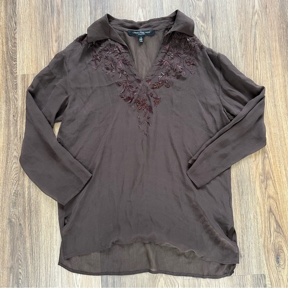 Carmen Marc Valvo Womens 100% Silk Sheer Blouse 6 Brown Bead Embroidered Top - Picture 1 of 8